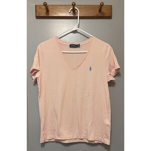 Polo Ralph Lauren Women's V-Neck T-Shirt Pink Short Sleeve Pony Logo Cotton Sz L